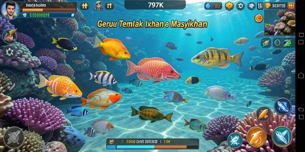 Tampilan gameplay seru dalam 797K dengan aksi menembak ikan.