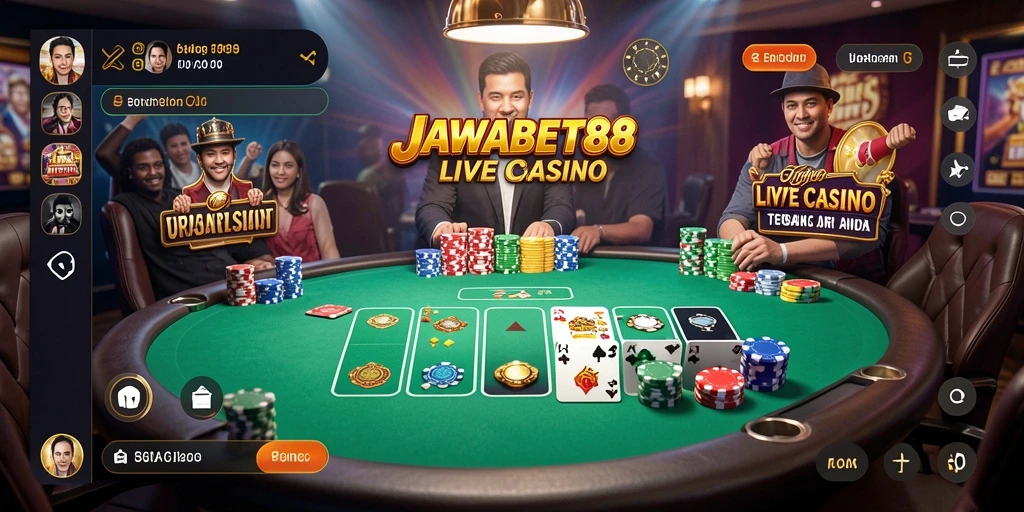Screenshot gameplay <strong>JAWABET88</strong> menampilkan dealer profesional dan suasana kasino yang mendebarkan.