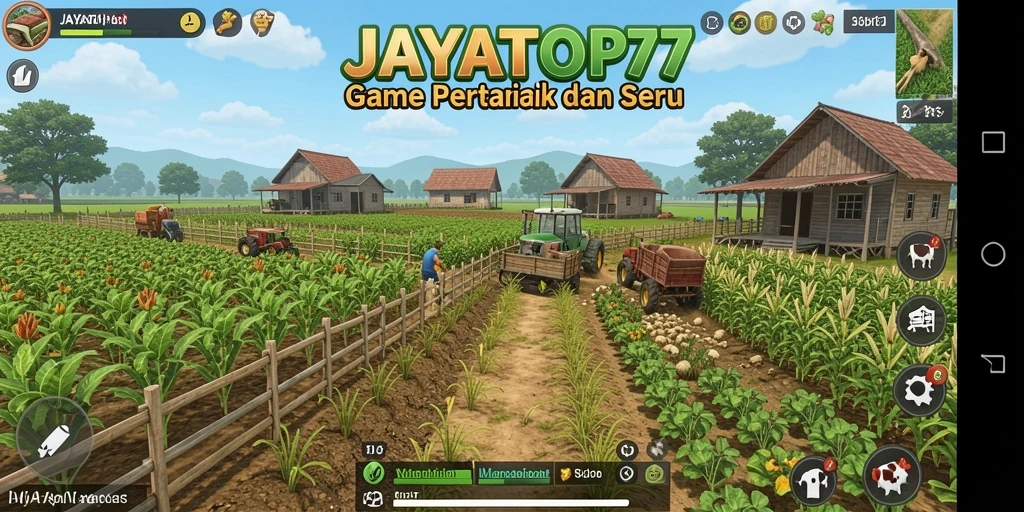 Tampilan gameplay JAYATOP77 yang menampilkan ladang dan tanaman yang subur.