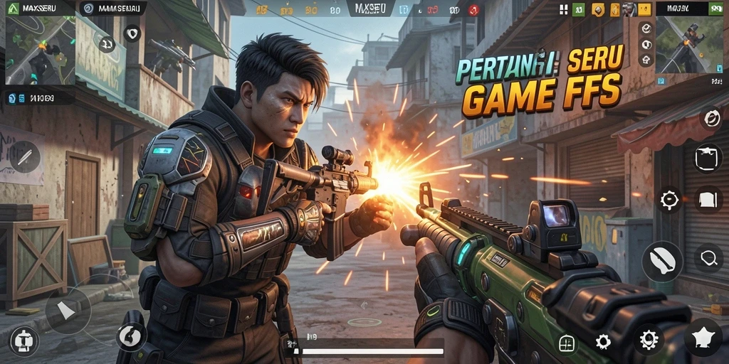 Screenshot gameplay MAXSERU menampilkan aksi pertempuran FPS yang intens.