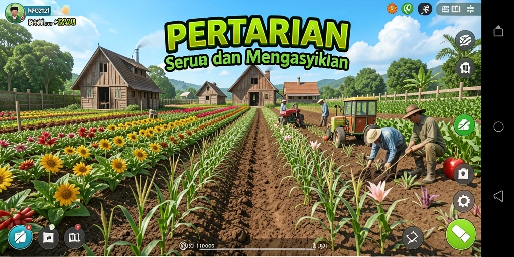 Screenshot gameplay MPO2121 dengan tanaman subur dan alat pertanian.