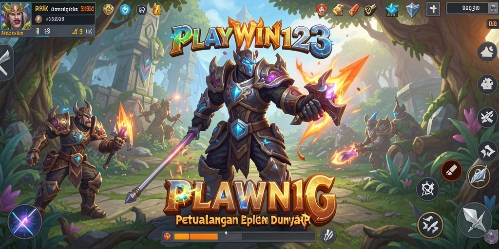 Screenshot gameplay dari PLAYWIN123 menampilkan pertempuran epik di dunia fantasi.