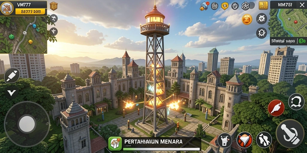 Screenshot menunjukkan aksi menara bertahan melawan gelombang musuh.